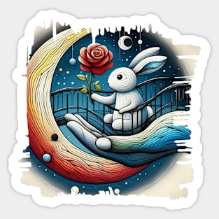 Illustration of a Rabbit stands on a bridge and gives a rose to the moon. Sticker